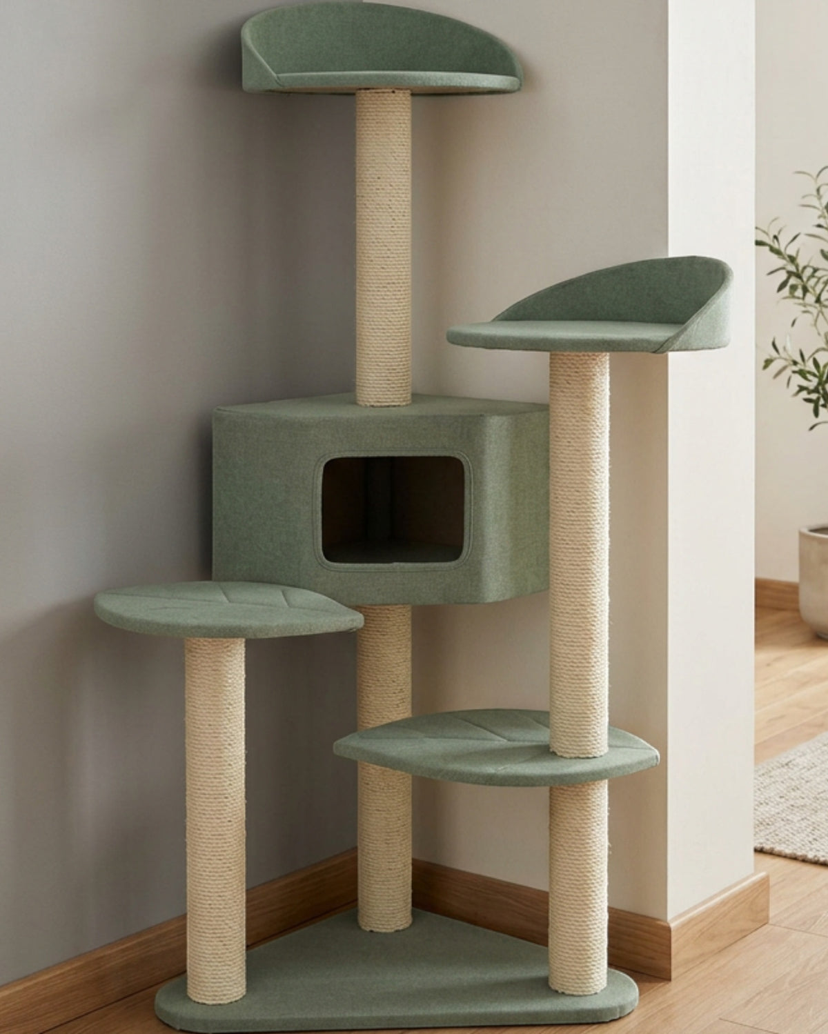 Mvdxf Corner Three Platform Cat Tower Sage - Lifestyle view